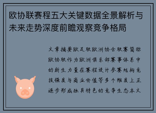 欧协联赛程五大关键数据全景解析与未来走势深度前瞻观察竞争格局